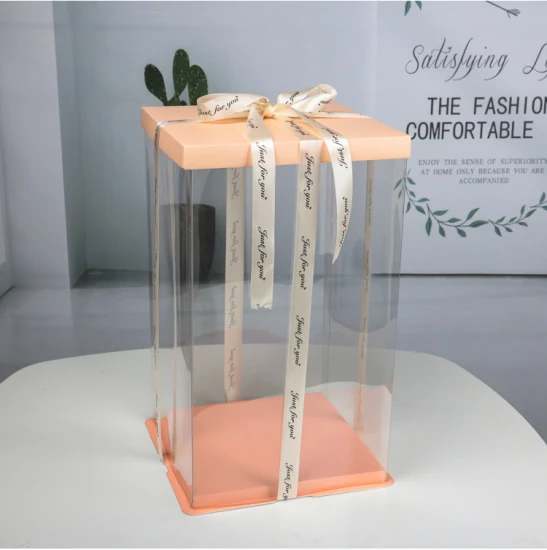 Boîte d'emballage de gâteau en gros Boîtes à gâteau en vrac Transparent Pet PVC Food Flower Party Gift Round Squared Packaging Product avec impression